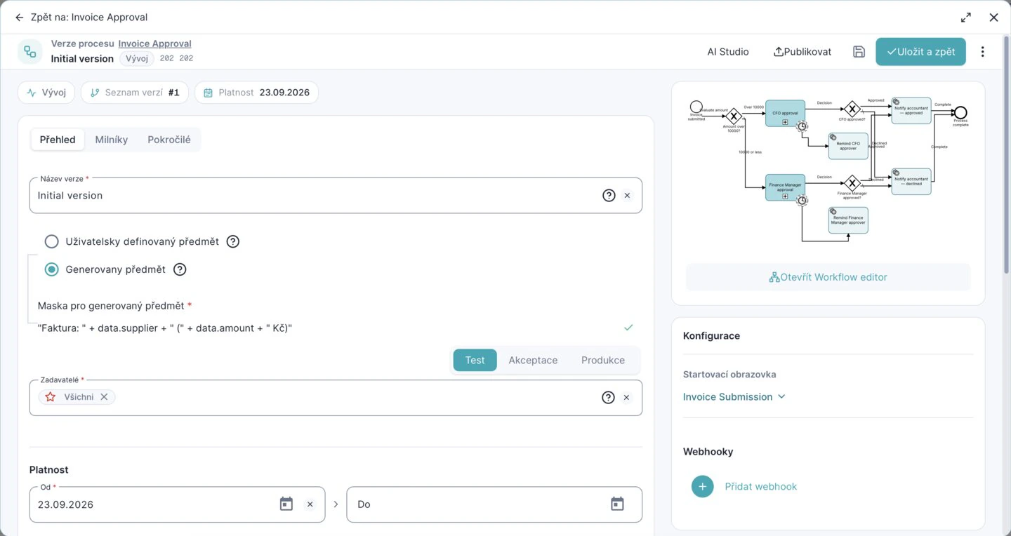Verze procesu: prostředí Test, Akceptace a Produkce, platnost od–do, startovací formulář, webhooky a náhled BPMN